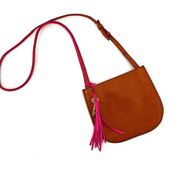 Fossil Leather Crossbody Bag Boho Hippie Small Brown/Pink Festival Tassel - Picture 1 of 8